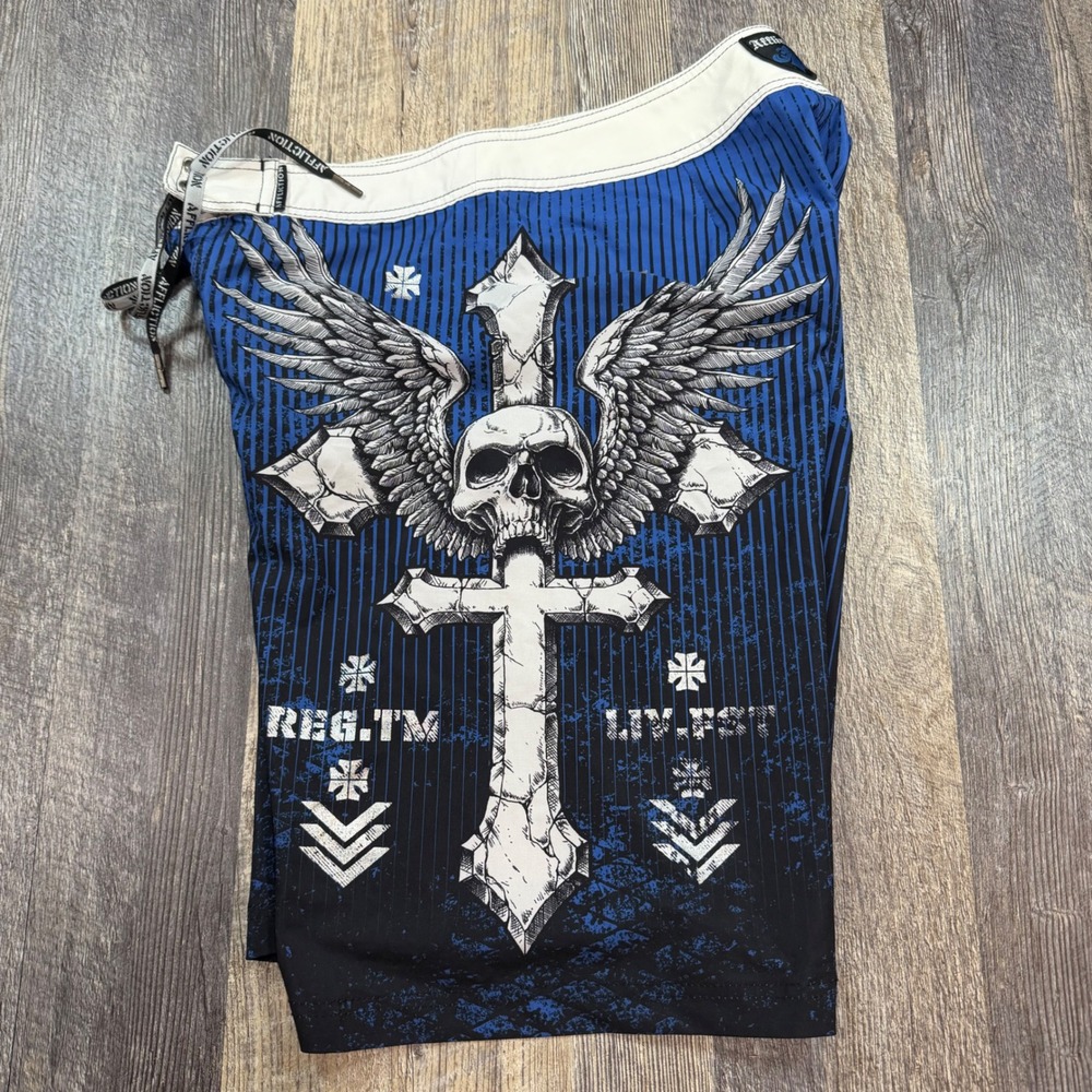 Affliction Board Shorts Men Size 30 Blue Black Skull Cross Winged Graphic MMA